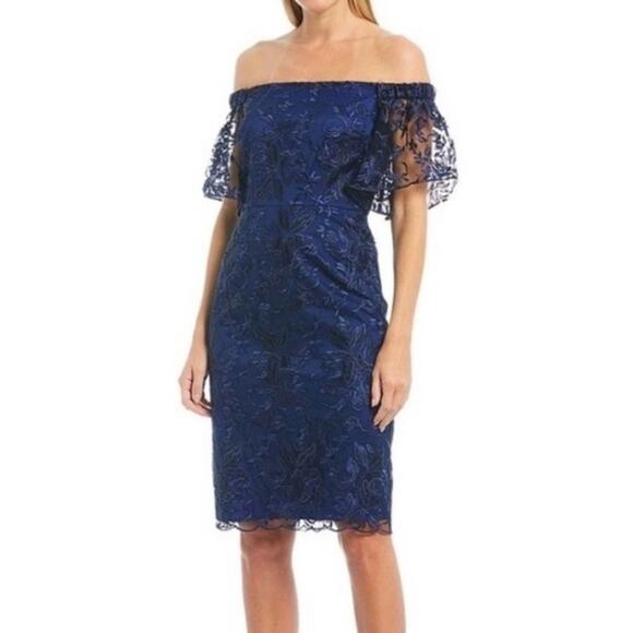 Trina Turk Blue Black Lace Off The Shoulder Sheath Dress Size 2 New - Picture 3 of 9